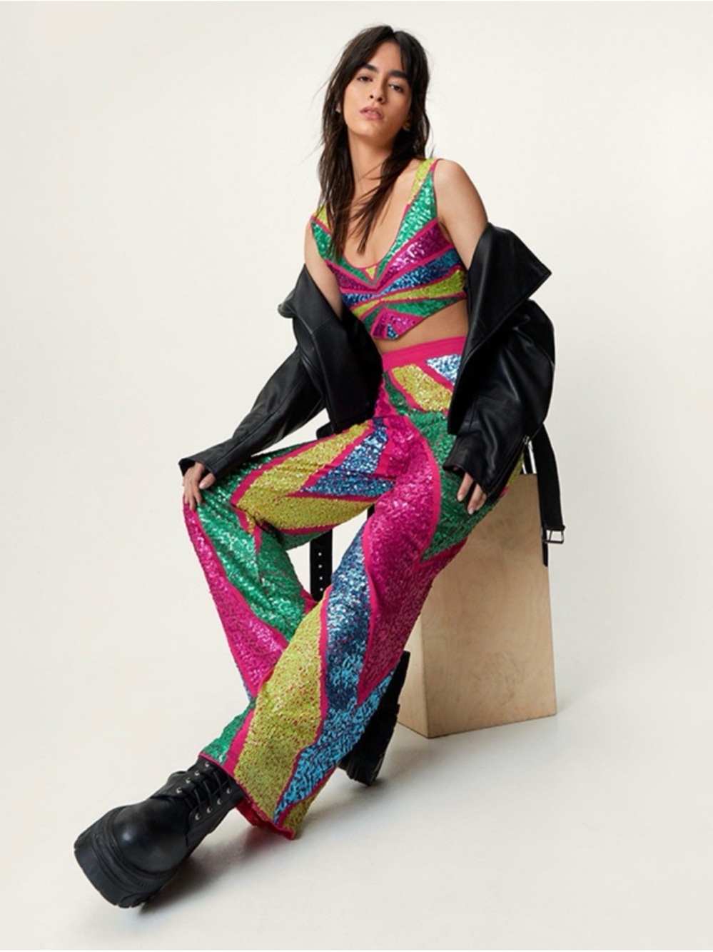 Nasty Gal Sequin Color Block Wide-Leg‎ Pants